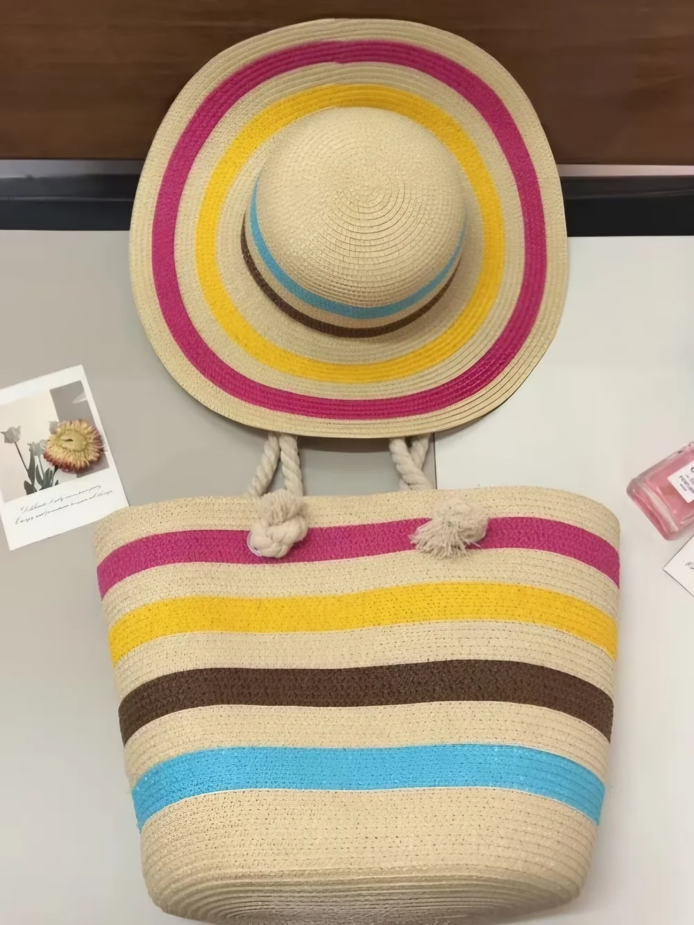 NEW & BEAITIFUL!! Hemp Rope & Straw Sun Hat & BAG W/Pink, Yellow & Blue Stripes
